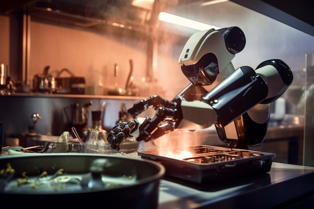 Un robot che cucina il cibo in una cucina con una padella di cibo sul tavolo.