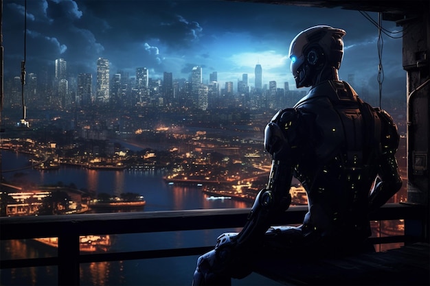 Un robot che guarda una città di notte