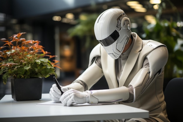 Un robot che incontra un umano alla scrivania dell'ufficio