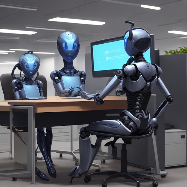 un robot che lavora in un ufficio moderno con persone reali generative