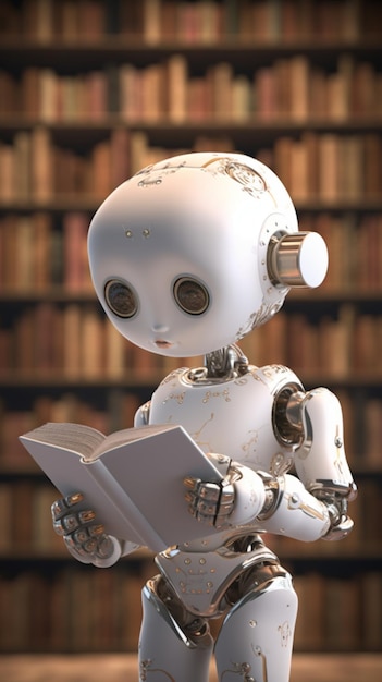 Un robot che legge un libro in una biblioteca