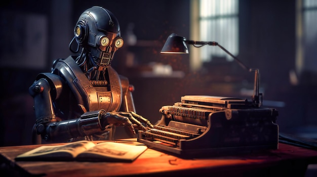 Un robot che legge una lettera con la luce di una vecchia macchina da scrivere