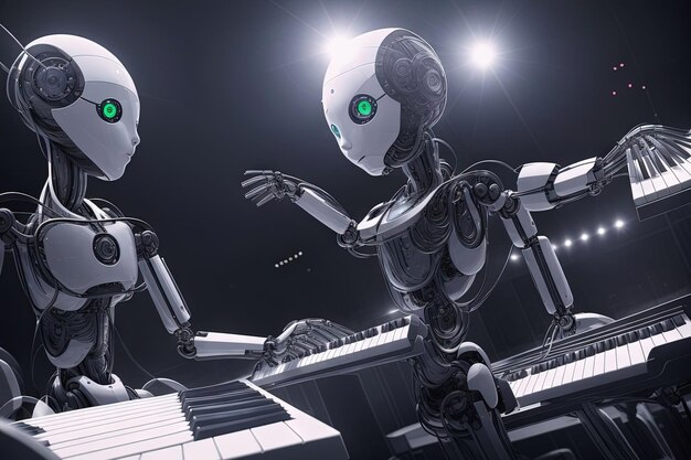 Un robot che suona una sala da concerto di pianoforte a tastiera