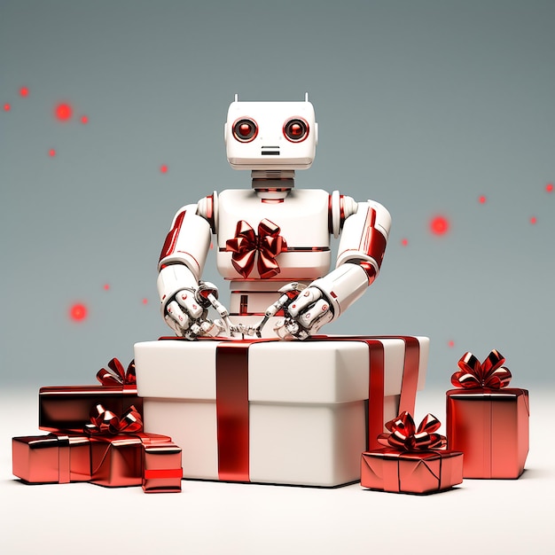 Un robot che tiene una scatola regalo è generato dall'AI