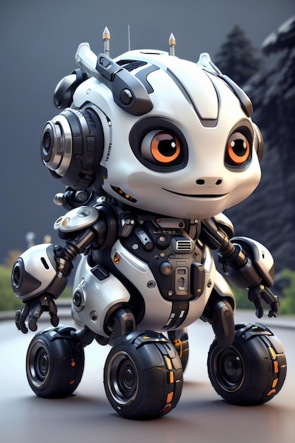 Un robot con gli occhi arancioni e il naso nero.