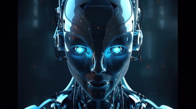 Un robot con gli occhi azzurri e una luce blu sul viso