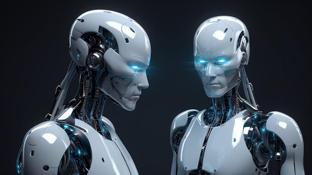 Un robot con gli occhi azzurri guarda un uomo con una luce blu sul viso.