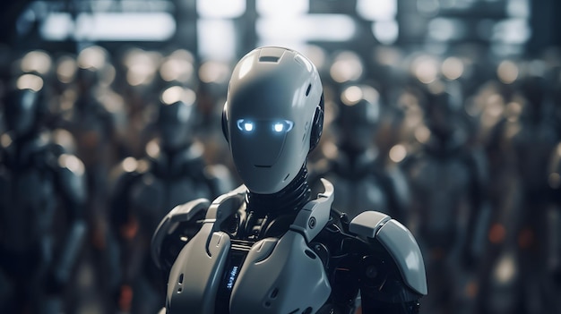Un robot con gli occhi azzurri si trova in mezzo alla folla.