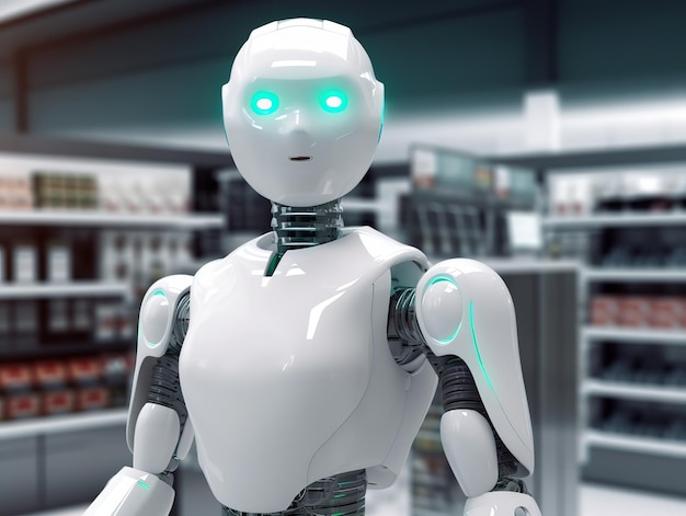 Un robot con gli occhi azzurri si trova in un negozio con un negozio sullo sfondo.