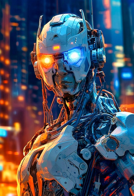 Un robot con gli occhi luminosi vicino a una città AI generativa