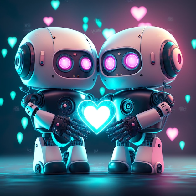 Un robot con gli occhi rosa tiene in mano un cuore.