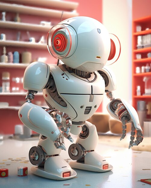 Un robot con gli occhi rossi e la testa bianca che dice "robot".