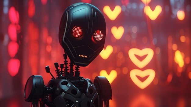 Un robot con gli occhi rossi si trova davanti a uno sfondo di cuore rosso.