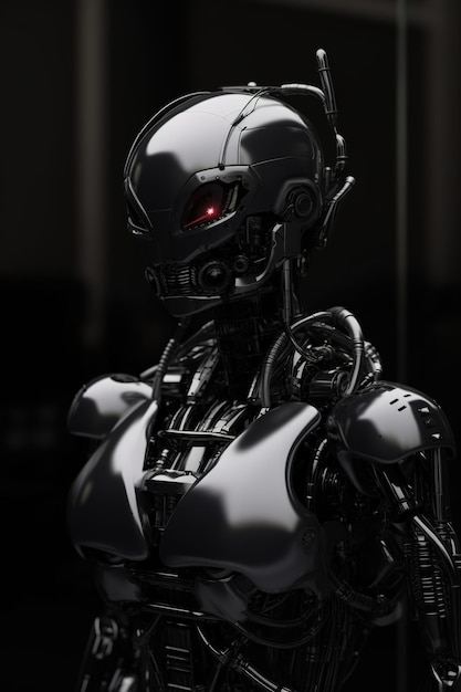 Un robot con gli occhi rossi si trova in una stanza buia.