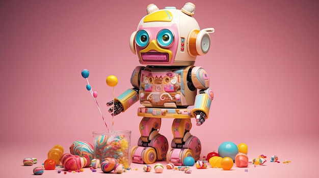 un robot con il naso rosa e un mucchio di uova di Pasqua
