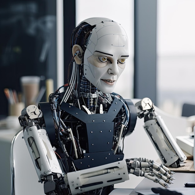 Un robot con la faccia blu è seduto a una scrivania con davanti una tastiera.
