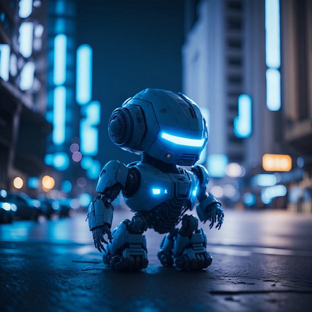 Un robot con la testa blu si trova in mezzo a una strada di notte.