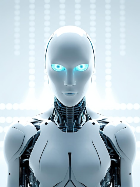 Un robot con luminosi occhi azzurri in piedi davanti a un muro Immagine di intelligenza artificiale generativa