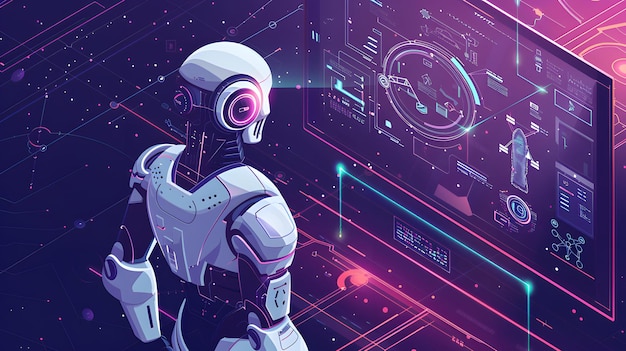 un robot con sfondo blu e uno sfondo blu con sfondo rosso e viola