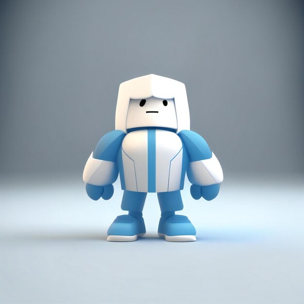 un robot con un abito blu e il petto bianco.