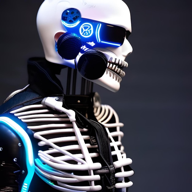 Un robot con un casco blu e nero e una luce blu.