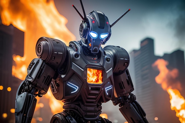 Un robot con un fuoco che arde sullo sfondo