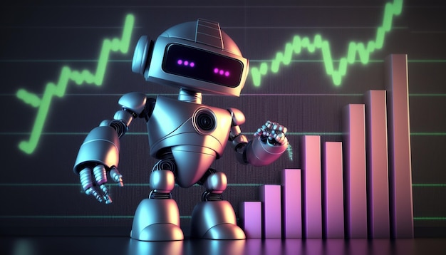 Un robot con un grafico che mostra un grafico azionario sullo sfondo.