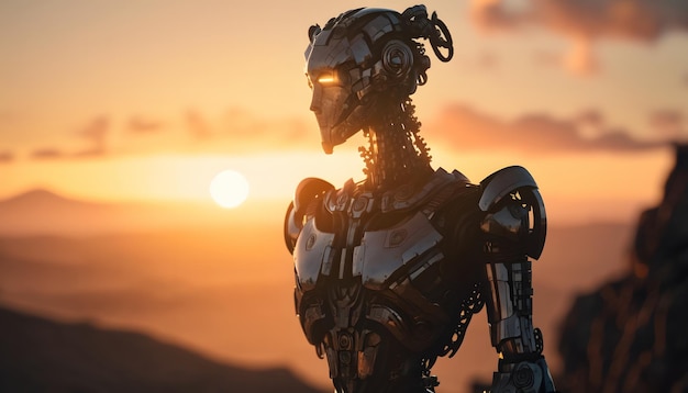 Un robot con un tramonto sullo sfondo