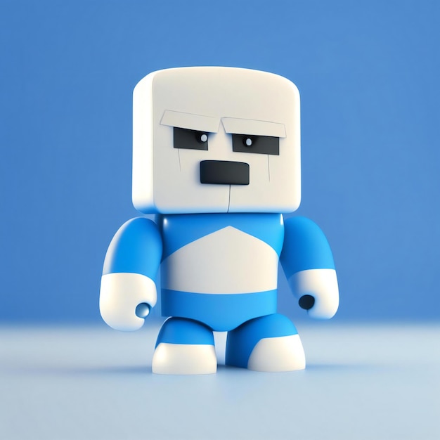 un robot con una camicia blu e bianca e pantaloni blu.