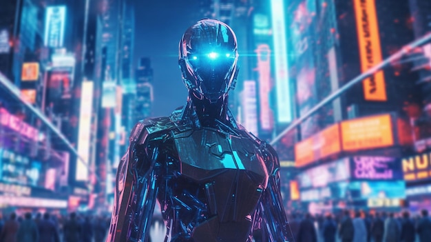 Un robot con una luce blu sui supporti in una città.