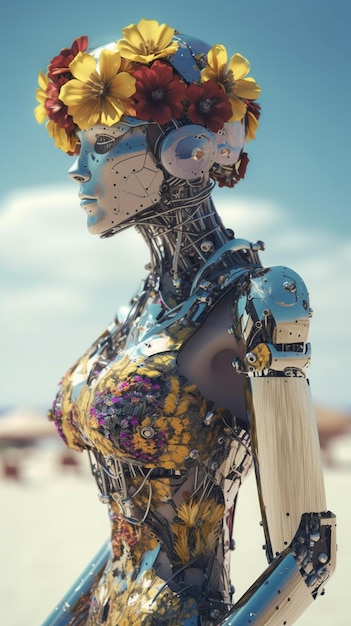 Un robot con una testa fiorita e una testa fiorita