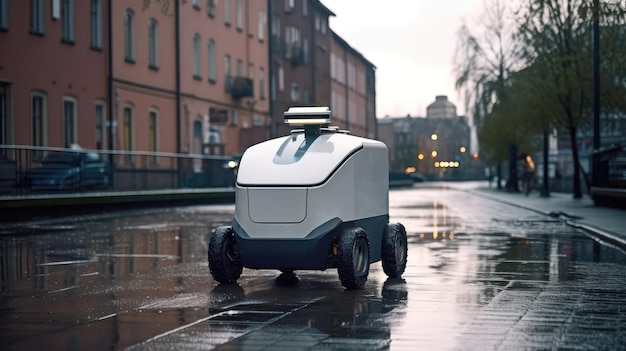 Un robot corriere del futuro in un'area soggetta a inondazioni IA generativa