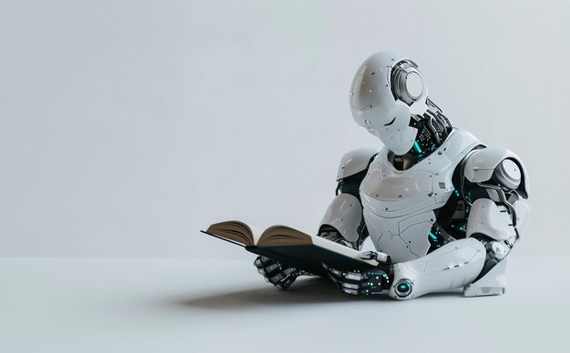 Un robot cyborg bianco si siede al tavolo a leggere un libro in contemplazione