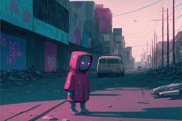 Un robot cyborg difettoso con batteria scarica si sposta attraverso una città in rovina Concetto di fantasia Pittura illustrativa IA generativa