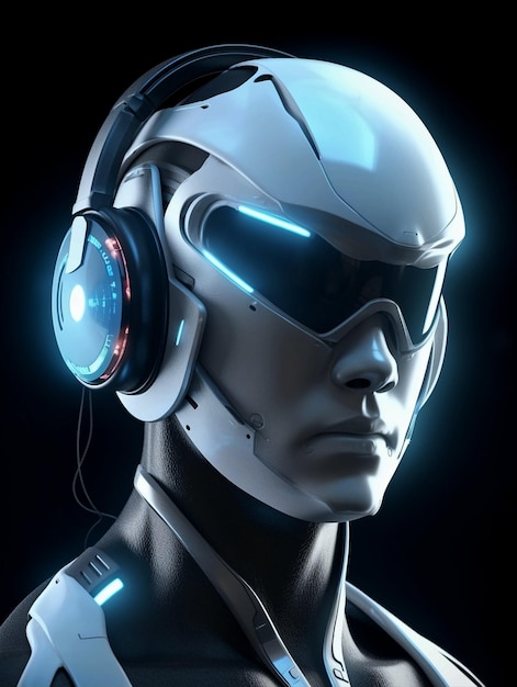 Un robot Cyborg futuristico con cuffie e occhiali VR