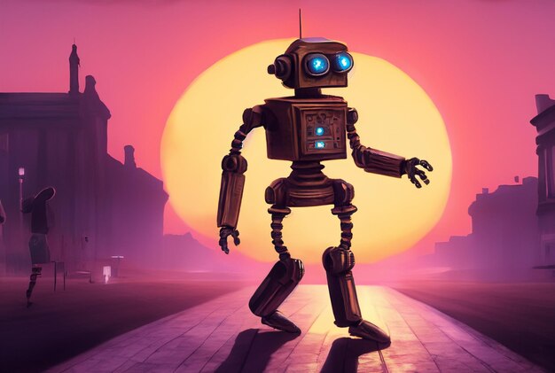 un robot degli anni ' 30 che entra nel tramonto poster di un film vintage arte digitale