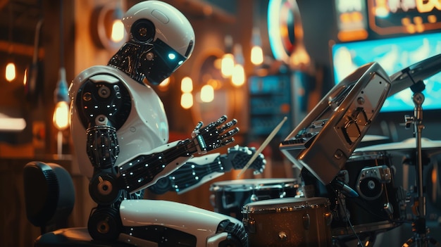 Un robot e un essere umano che suonano strumenti musicali