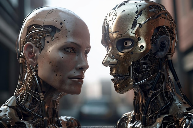 Un robot e un uomo con una faccia che dice "robot"