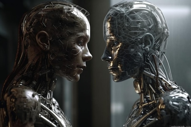 Un robot e un volto di donna si fronteggiano