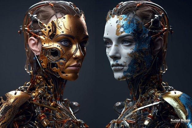 Un robot e una donna dai volti d'oro e d'argento