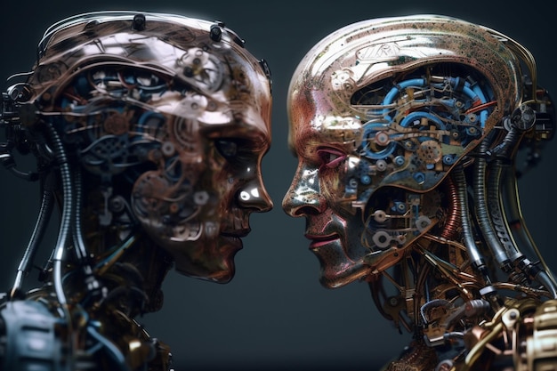 Un robot e una faccia da robot si fronteggiano