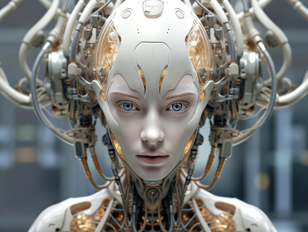Un robot femmina con gli occhi azzurri e la faccia d'argento