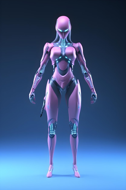 Un robot femmina con un corpo rosa e uno sfondo blu.