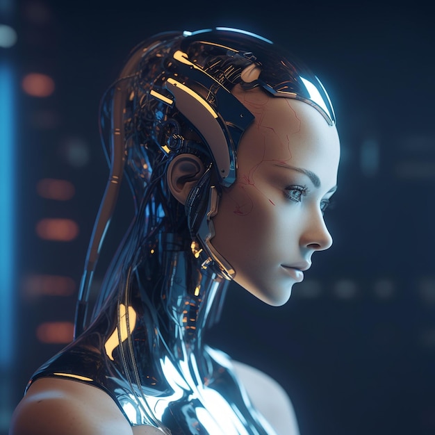 Un robot femminile con gli occhi blu e un copricapo bianco