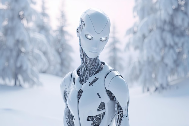 Un robot femminile in piedi nella neve in una foresta