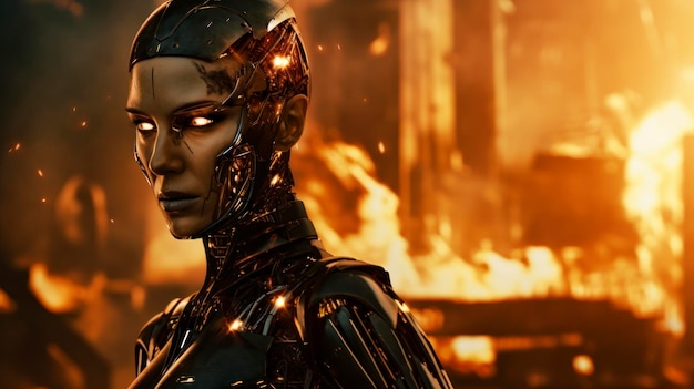 Un robot femminile nero futuristico che distrugge il mondo in stile epico.