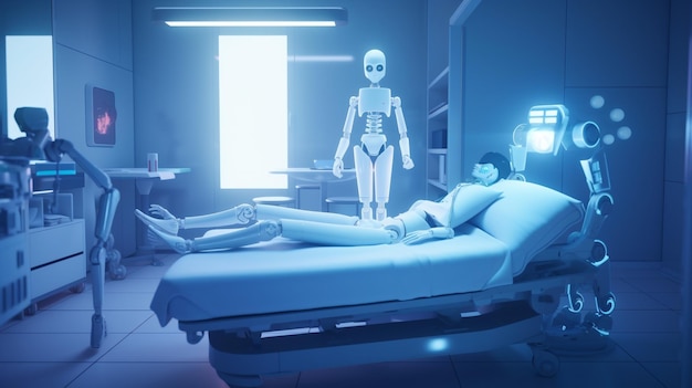 Un robot giace in una stanza d'ospedale con un robot sul pavimento.