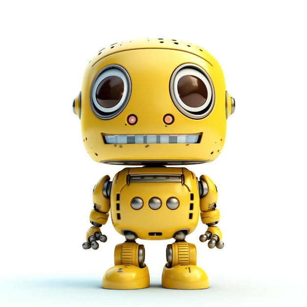 Un robot giallo con gli occhi marroni si trova davanti a uno sfondo bianco.