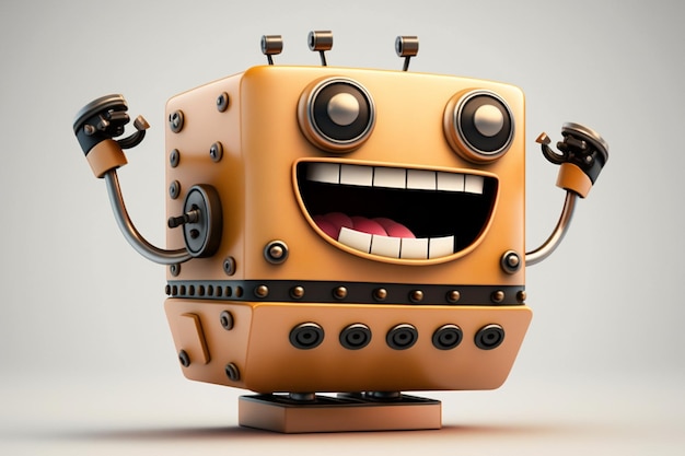 Un robot giallo con un grande sorriso e un grande sorriso.