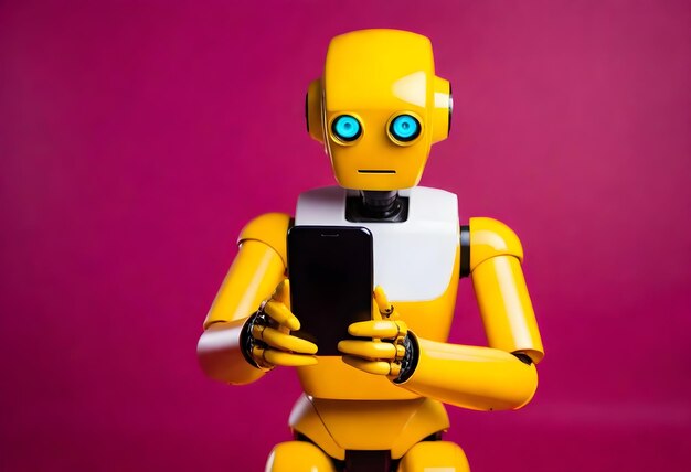 un robot giallo con un papillon nero che tiene un tablet